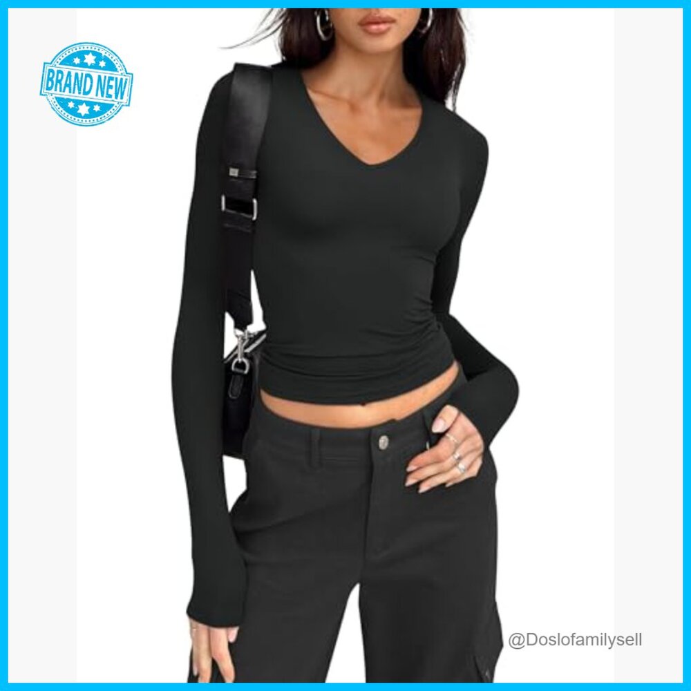 Long Sleeve V-Neck Slim Fitted Basic Tee Y2K Fash… - image 2